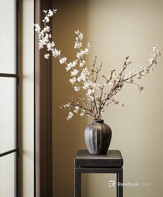 Dark Textured Vase With White Magnolia Flowers On Black Table Interior 3d model 