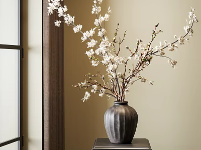 Dark Textured Vase With White Magnolia Flowers On Black Table Interior 3d model