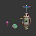 Futuristic Robot With Umbrella And Space Capsule Design Featuring Human Figure Rock And Sphere