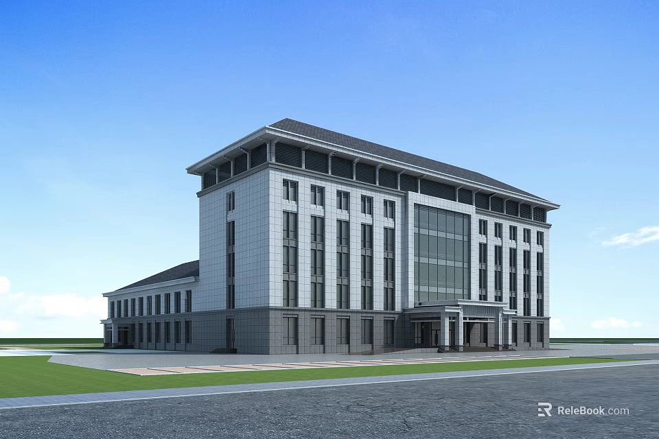 Modern Multi Story Office Building With Large Glass Windows Green Lawn And Asphalt Road 3d model 