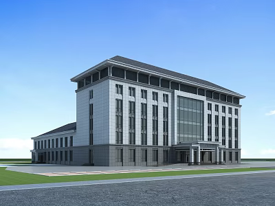 Modern Multi Story Office Building With Large Glass Windows Green Lawn And Asphalt Road 3d model