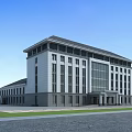 Modern Multi Story Office Building With Large Glass Windows Green Lawn And Asphalt Road