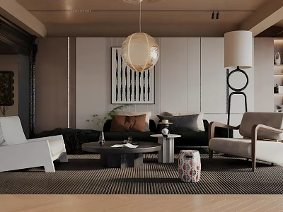 Modern Living Room Interior With Sofa Coffee Table Area Rug And Hanging Pendant Light Artwork 3d model