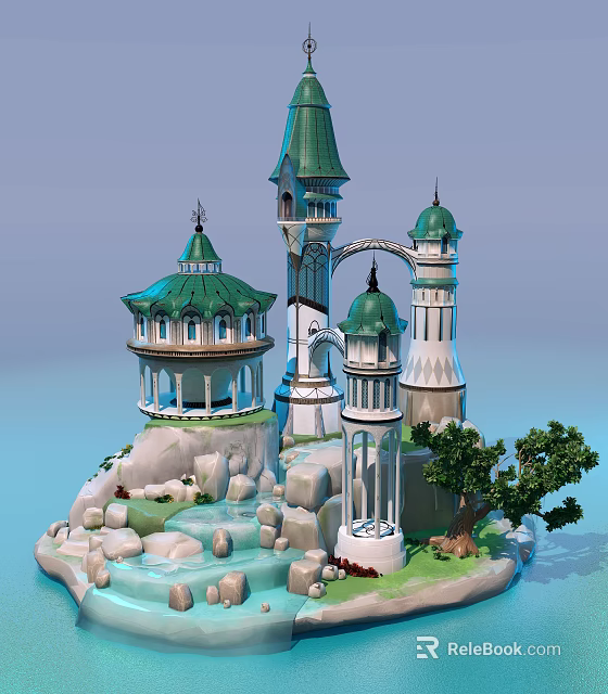Colorful Cartoon Scene Featuring Castle Towers Green Roofs Rocks Water And Trees 3d model 