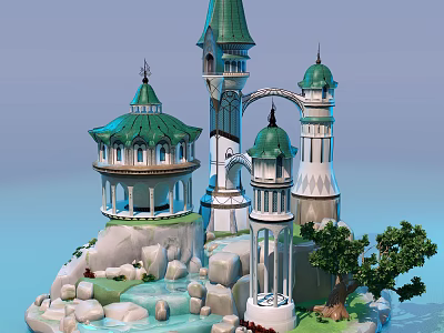 Colorful Cartoon Scene Featuring Castle Towers Green Roofs Rocks Water And Trees 3d model