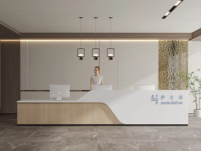 Modern Reception Desk with Wooden Counter White Surface Textured Wall Hanging Lights and Potted Plant 3d model