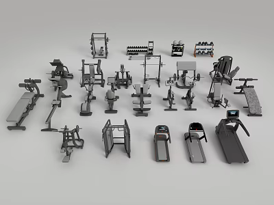 Various Types of Sports Equipment Including Treadmills Dumbbells and Fitness Machines 3d model