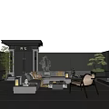 Garden Landscape Courtyard Featuring Sofa Coffee Table Chair Rock Formation Green Plants And Trees