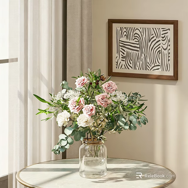 Elegant Flower Arrangement With Pink Roses White Blossoms And Green Eucalyptus In Clear Glass Vase 3d model 