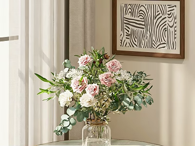 Elegant Flower Arrangement With Pink Roses White Blossoms And Green Eucalyptus In Clear Glass Vase 3d model