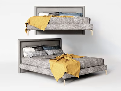 Modern Double Bed with Gray Headboard Yellow Throw Blanket and Decorative Pillows 3d model