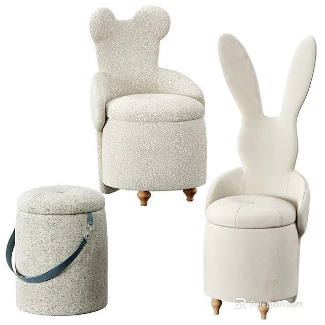 Adorable Kids Chair With Rabbit Ear Design Soft Fabric Light Color And Stool 3d model 
