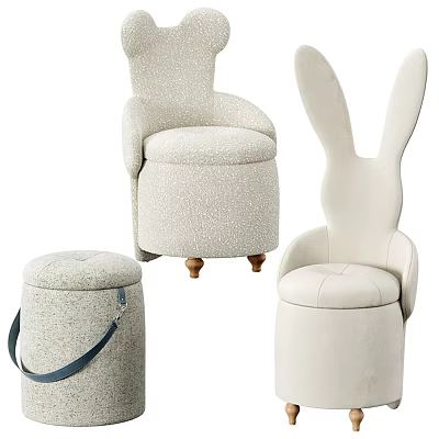 Adorable Kids Chair With Rabbit Ear Design Soft Fabric Light Color And Stool 3d model