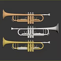 Shiny Gold Silver And Copper Trumpets Suspended On Dark Reflective Background