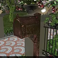 Public Mailbox in Cloud Park with Wrought Iron Gate Flower Pots and Colorful Tiled Floor