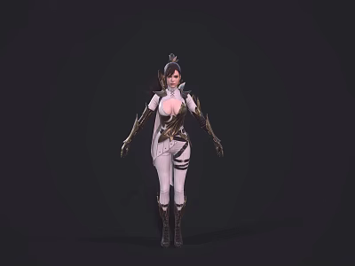 Woman in White and Gold Armor Costume With Decorative Elements Standing in Futuristic Fantasy Style 3d model
