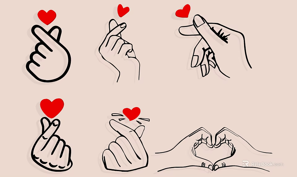 Cute Wall Decor Featuring Hand Gestures and Red Heart Motifs 3d model