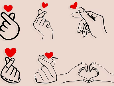 Cute Wall Decor Featuring Hand Gestures and Red Heart Motifs 3d model