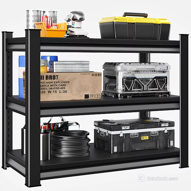 Black Multi Tier Shelving Unit With Tools Containers And Storage Boxes 3d model