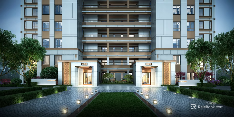 Multi Floor Residential Building With Symmetrical Entrance And Landscaped Courtyard 3d model 