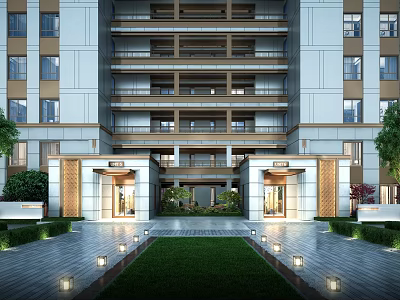 Multi Floor Residential Building With Symmetrical Entrance And Landscaped Courtyard 3d model