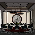 Private Dining Room Interior With Round Table Chandeliers Large Windows And Modern Chinese Decor