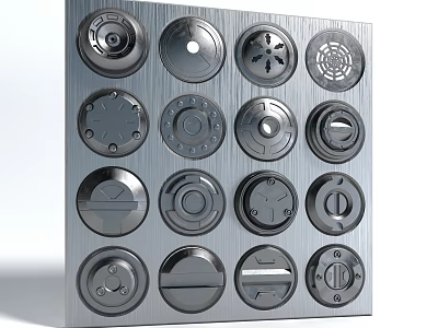 Metal Panel Displaying Assorted Circular Mechanical Components Diverse Designs 3d model