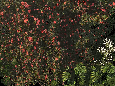 Lush Climbing Vines With Red Flowers And Green Leaves In Garden 3d model