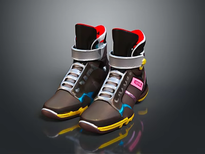 Brown High Top Shoes With Blue Pink Accents Yellow Sole Red Lining And White Laces 3d model