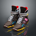 Brown High Top Shoes With Blue Pink Accents Yellow Sole Red Lining And White Laces