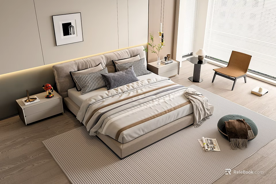 Modern Double Bed with Striped Bedding Geometric Pillows and Nightstands in Cozy Bedroom 3d model 