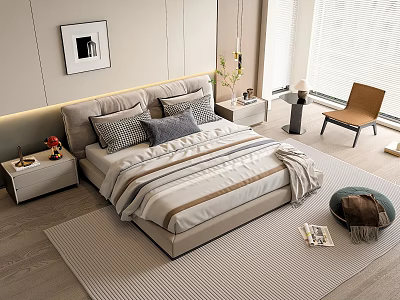 Modern Double Bed with Striped Bedding Geometric Pillows and Nightstands in Cozy Bedroom 3d model
