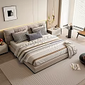 Modern Double Bed with Striped Bedding Geometric Pillows and Nightstands in Cozy Bedroom