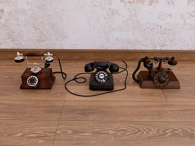 Vintage Telephones With Retro Design Wooden Base And Rotary Dials On Wooden Floor 3d model