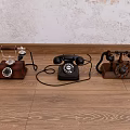Vintage Telephones With Retro Design Wooden Base And Rotary Dials On Wooden Floor