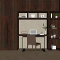 Dark Wooden Bookcase With Desk Laptop Chair Tiled Wall And Potted Plant In Modern Study