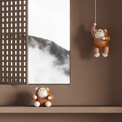 Brown White Stuffed Monkey Dolls Hanging On Wall And Sitting By Window With Foggy Mountain View 3d model