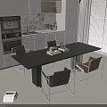 Modern Dining Table Set With Black Table And Chairs In Open Kitchen With White Cabinets 3d model