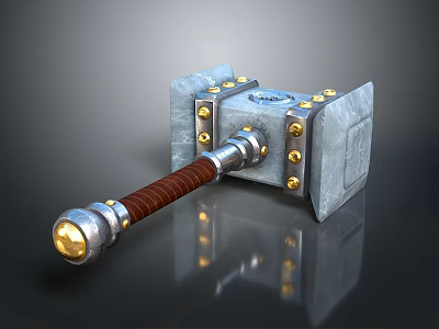 Fantasy Style Metal Hammer With Leather Grip And Gold Decorative Rivets 3d model