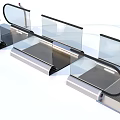 Modern Public Escalators With Transparent Glass Barriers And Metal Steps