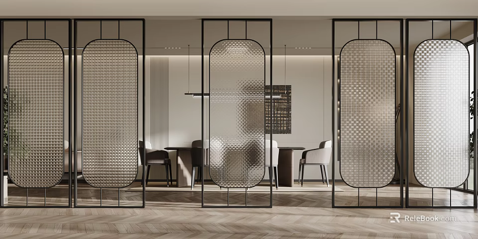 Stylish Modern Dining Room Interior With Room Dividers Metal Frame And Patterned Glass 3d model 