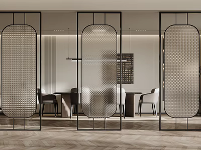 Stylish Modern Dining Room Interior With Room Dividers Metal Frame And Patterned Glass 3d model