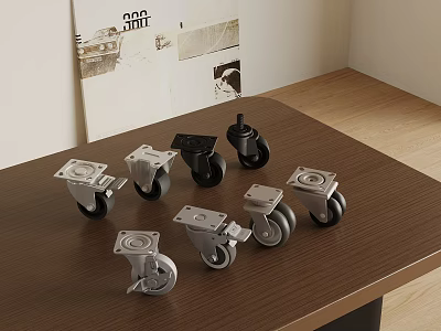 Different Styles Of Metal Casters With Wheels On Wooden Desk Surface 3d model