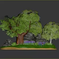 Colorful Cartoon Scene with Lush Green Trees Brown Trunk Grass Flowers and Rocks