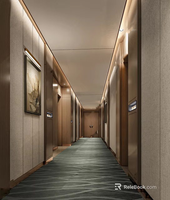 Modern Hotel Corridor Interior With Wooden Walls Green Carpet Warm Lighting And Decorative Paintings 3d model 