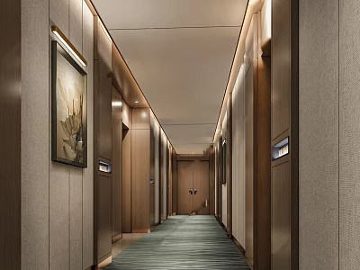 Modern Hotel Corridor Interior With Wooden Walls Green Carpet Warm Lighting And Decorative Paintings 3d model