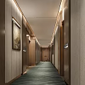 Modern Hotel Corridor Interior With Wooden Walls Green Carpet Warm Lighting And Decorative Paintings