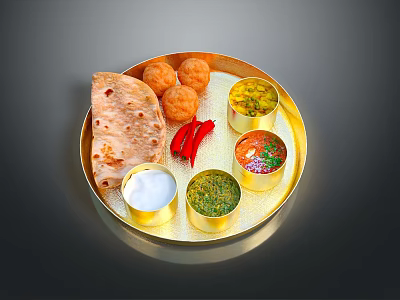 Traditional Indian Thali Food Platter With Naan Bread Fried Snacks Chutney Raita And Curry 3d model