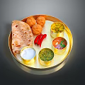Traditional Indian Thali Food Platter With Naan Bread Fried Snacks Chutney Raita And Curry