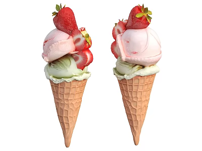 Fresh Strawberry Matcha Ice Cream Cones Topped With Ripe Berries And Slices 3d model